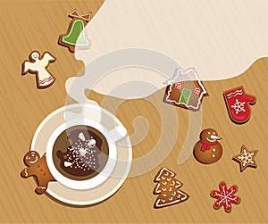 Top view of Christmas celebration table with hot cocoa and gingerbread cookies .