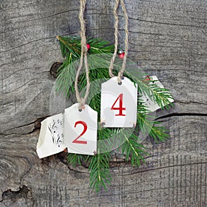 Top view of christmas decoration with 24 on wooden background