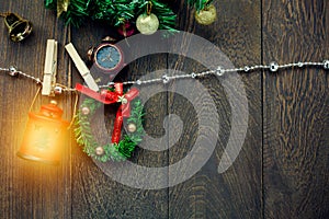 Top view Christmas decoration,lamp and jewelry clothesline on