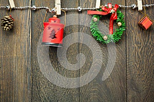 Top view Christmas decoration,lamp and jewelry clothesline on