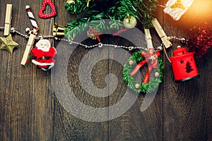 Top view Christmas decoration,lamp and jewelry clothesline on