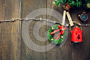 Top view Christmas decoration,lamp and jewelry clothesline on