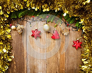 Top view of Christmas decoration with lights and free text space