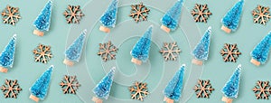Top view of Christmas holiday pattern background. Composition of festive Christmas tree flatlay