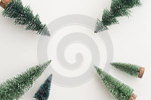 Top view Christmas pine tree frame on white background copy space. Christmas composition for your design in holiday winter