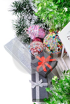 Top view on christmas present boxes and tinsel