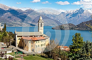 Top view of the Church of Sant Michele above Lake Como in Vignola, Lombardy, Italy