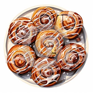 Top View Cinnamon Rolls With Chocolate Glaze In Watercolor Style photo
