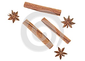 Top view of cinnamon sticks and star anise spice isolated on white background