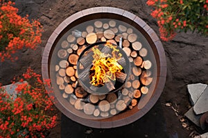 top view of a circular fire pit with burning logs
