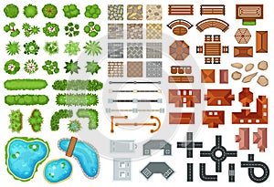 Top view city elements, trees, roads, buildings, houses, pavements. Town street architecture, furniture, plants for park