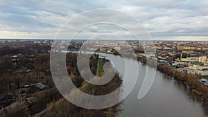 Top view of the city Opole. The Odra River flows through the city. In the background of the house. Poland