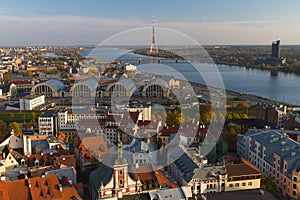 Top view of the city of Riga at sunset