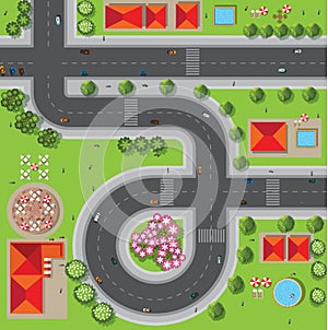 Top view of the city of streets, roads, houses, treetop, vector