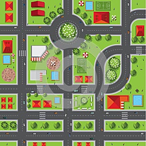 Top view of the city of streets, roads, houses, treetop, vector