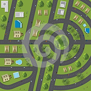 Top view of the city of streets, roads, houses, treetop photo