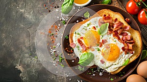 Top view a classic breakfast meal featuring fried eggs and crispy bacon on a golden toast, on a dark background with space for