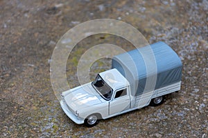 Top view of classic miniature Peugeot 404 pick-up.