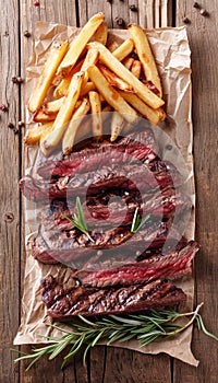 Top view of classic steak and fries on wooden table with space for text above, ideal for food blogs