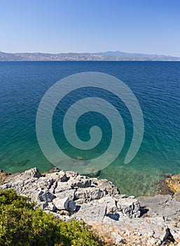 Top view from the cliffs of the Aegean sea on the Greek island of Evia in Greece on a Sunny day