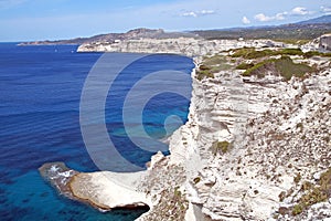 Top view of cliffs, bays, clear sea .