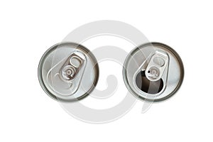 Top view close and open cap of beer or soft drink can isolated on white