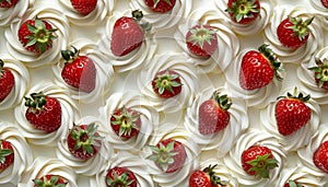 Top view close up of a bunch of ripe strawberries with a dollop of creamy dessert