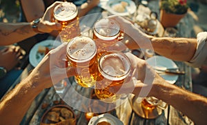 Top view Close-up of hands clinking beer mugs on wooden table with snacks outdoors, capturing cheerful toast among friends. Image