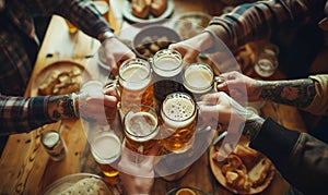Top view Close-up of hands clinking beer mugs on wooden table with snacks in pub, capturing cheerful toast among friends. Image