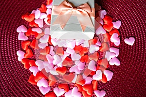 Top view and close up Many red hearts ond pink with gift. Happy valentine's day