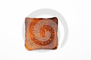 Top view close up to one hard fried slice bread toast are burned out put on white background with copy space for add wording or photo