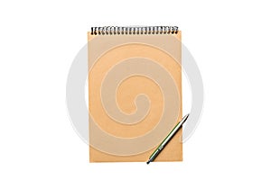 Top view of closed spiral blank recycled paper cover notebook with pencil isolated on white background