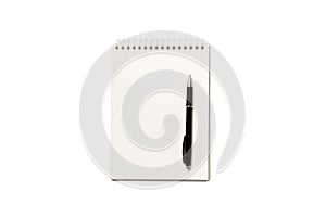 Top view of closed spiral blank white paper cover notebook with pencil isolated on white background