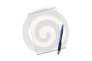 Top view of closed spiral blank white paper cover notebook with pencil isolated on white background