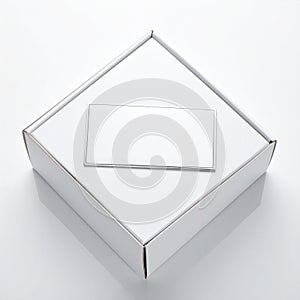 Top View of Closed White Cardboard Box with Rectangular Label on White Background packaging