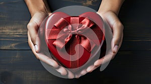 top view of closeup African American male hands holding gift heart shaped box with red bow