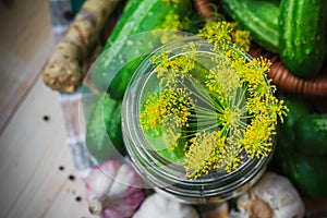 Top view closeup jar pickles other ingredients pickling