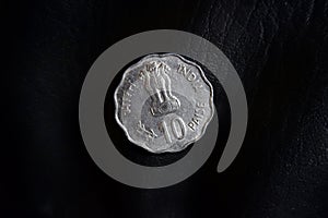 Top view of closeup shot of Indian ten paise coin