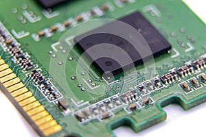 Top view closeup view of a DDR RAM memory module isolated on white background