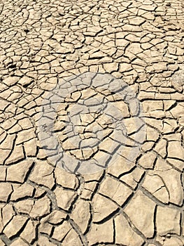 Top view closeup weathered texture and background of arid cracked ground. Broken dried mud from arid problem. Global warming