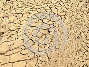 Top view closeup weathered texture and background of arid cracked ground. Broken dried mud from arid problem. Global warming