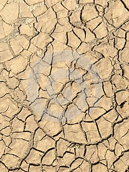 Top view closeup weathered texture and background of arid cracked ground. Broken dried mud from arid problem. Global warming