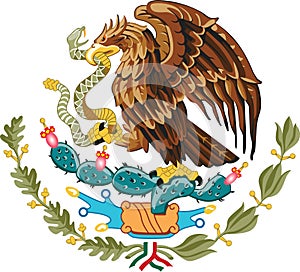 Top view of Coat of arms Coat of arms, Mexico. United Mexican States travel and patriot concept. no flagpole. Plane design, layout