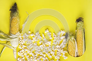 Top view of cobs of corn and tasty salty popcorn.Empty space for your text photo