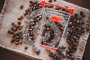 Top view of coffee beans in a grocery trolley