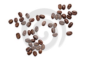 Top view of coffee beans isolated on white background