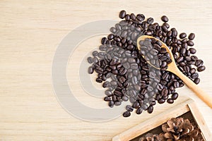 Top view of coffee beans on wooden spoon