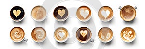 Top view, coffee cup assortment with heart sign top view collection isolated isolated on white background. Generative ai