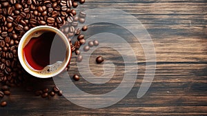 Top view, Coffee cup and beans on old kitchen table. Copyspace for your text. Generative ai