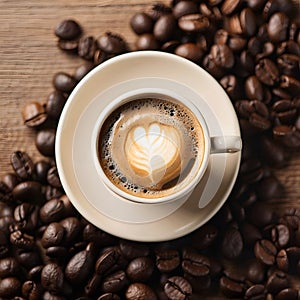 Top view of Coffee Cup and Beans on Wooden Table. Cup of hot aromatic coffee and coffee beans on wooden table. Warm cup of coffee